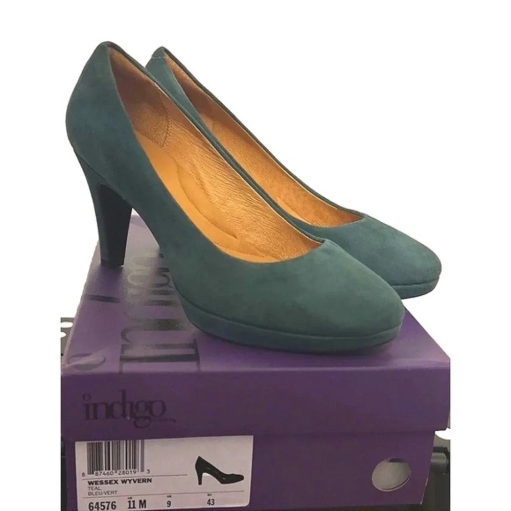 Clarks Indigo Wessex Wyvern Teal Suede Platform Pumps Heels 11M Preppy‎ 02-04